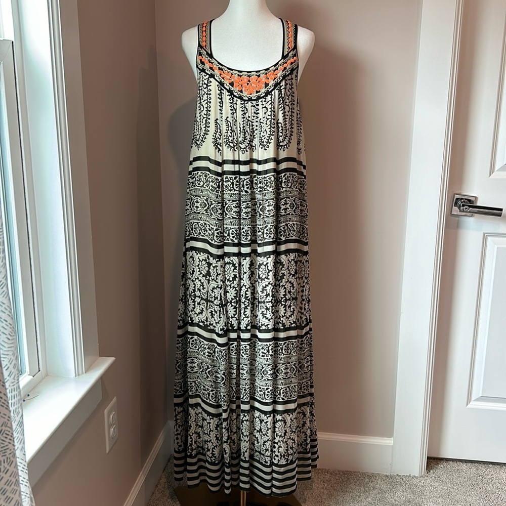 Rare! Veneet Bahl Anthropologie Boho Racerback Embroidered Maxi Dress XS